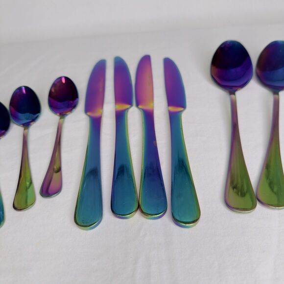 14 Pieces Byram Pattern Flatware Cambridge Rainbow Mirror Titanium Plated - Picture 3 of 6